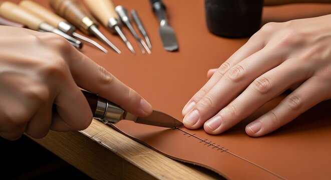 Hands carefully slicing leather with precision tools and focus, workshop setting