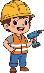 Cartoon boy wearing construction helmet, orange safety vest, holding electric drill, smiling child builder, handyman, worker, construction site, repair tool, kid labor