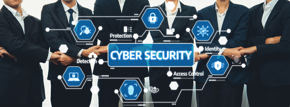 Group of Business Professionals Emphasizing Cybersecurity with Visual Elements Representing Protection, Detection, Identity, and Access Control in a Modern Context. Amity