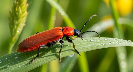 Red Beetle on a Blade of Grass in Dewdrops.