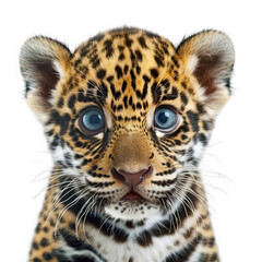 Fototapeta premium Closeup portrait of a cute jaguar cub with striking blue eyes, isolated on transparent background