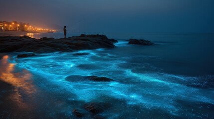 Obraz premium A solitary figure stands on rugged rocks amidst glowing blue bioluminescent waves during dusk,