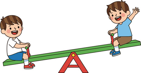 Two joyful boys playing seesaw, happy children having fun, outdoor playground activity, kids smiling, friendship, childhood playtime, active kids enjoying summer