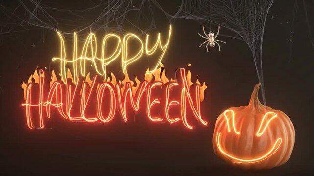 Happy Halloween neon text glowing pumpkin spooky animation background, festive horror celebration scene with dangling spiders and cobwebs, dark cinematic holiday lighting, scary party decoration conce