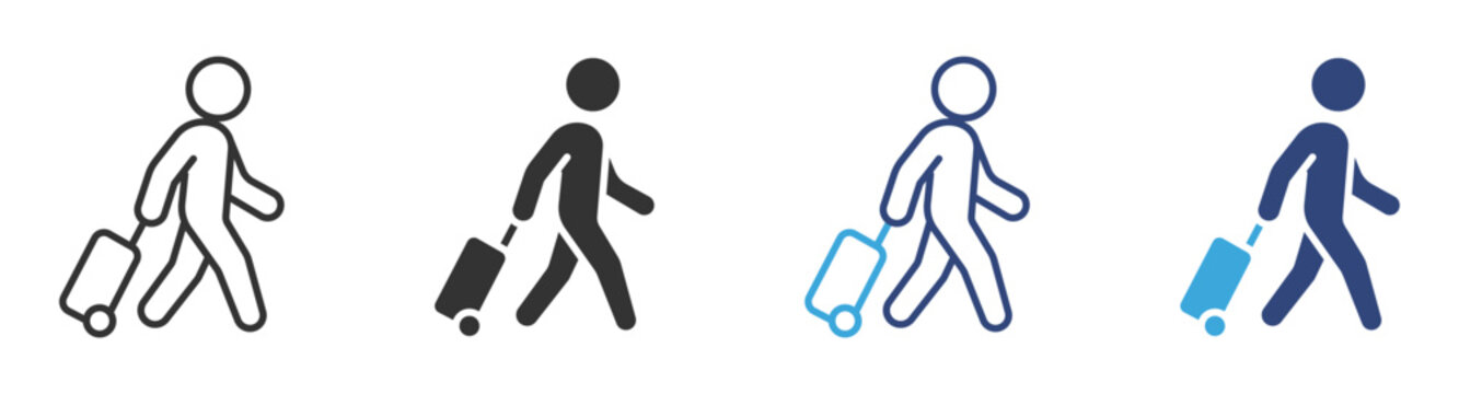 Traveler  icons, person walking and pulling a suitcase icon set, vector illustration. 