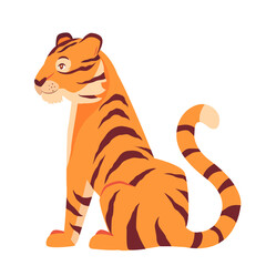 Powerful tiger vector illustration. Sitting tiger isolated on white. Bengal tiger vector illustration. The tiger sits with his back and looks to the side
