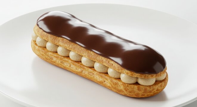 Plate of eclair with shiny chocolate ganache isolated on white background for dessert or bakery uses