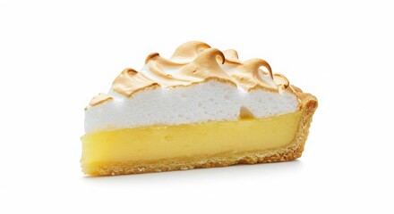 slice of lemon meringue pie with golden peaks isolated on white background for dessert or bakery uses