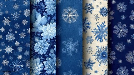 Snowflake patterns with repeating icy motifs and detailed linework, perfect for winter wrapping paper, backgrounds, and seasonal design