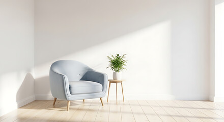 Minimalist living room interior with a light blue armchair and a small table with a plant, bathed in soft sunlight, creating a serene and peaceful atmosphere for relaxation and contemplation isolated 