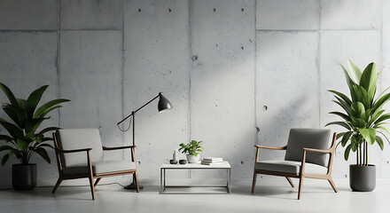 Modern living room interior with concrete wall, two armchairs, a coffee table, and potted plants, creating a minimalist and stylish space for relaxation and socializing