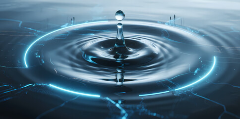 Water droplet creating ripples with futuristic blue light circles