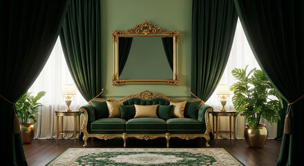 Luxurious living room interior with a green velvet sofa, ornate gold mirror, and elegant curtains, creating a rich and opulent atmosphere for relaxation and entertaining in a stylish home setting