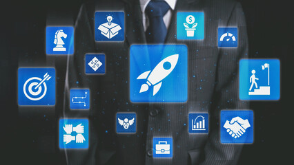 Startup launch and business growth concept, rocket symbolism, entrepreneurship, startup innovation,...