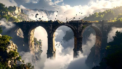 Ancient Stone Aqueduct Spanning Misty Mountain Landscape
