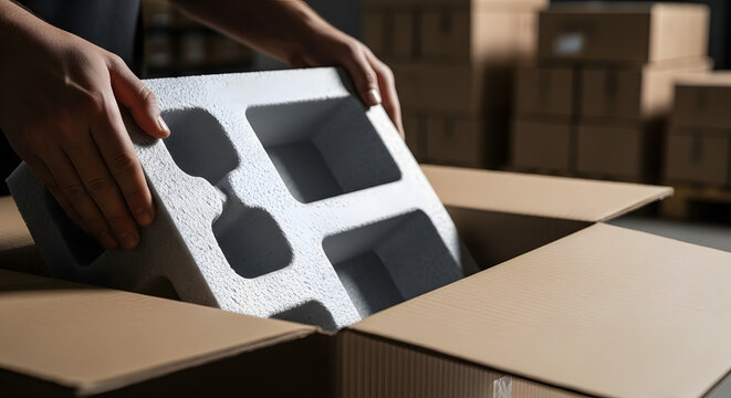Hands carefully placing a protective molded foam insert into an open cardboard box for shipping.