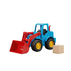 Fototapeta premium Vibrant toy front-end loader, glossy blue, red shovel, white wheels, yellow centers, and polished wood block on transparent studio background. Concept for high-end children's toy advertising