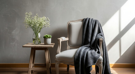 Elegant vintage armchair with a cozy blanket, complemented by a rustic wooden side table adorned with delicate flowers, set against a textured gray wall, creating a serene and stylish interior scene