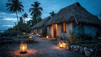 Solar lanterns lighting rural homes at night, ideal for clean energy access, off-grid life, and sustainable tech in developing regions