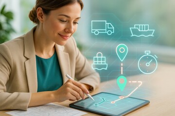 A woman using a tablet, surrounded by shipping and logistics icons, showing her work and the importance of the supply chain 