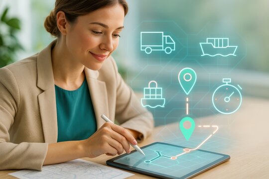 A woman using a tablet, surrounded by shipping and logistics icons, showing her work and the importance of the supply chain 