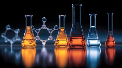 Laboratory glassware with colorful liquid on a dark background. Science research and development concept.