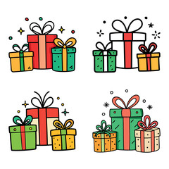 A set of Christmas gift boxes with red ribbon and bow decoration for holiday celebration and surprise