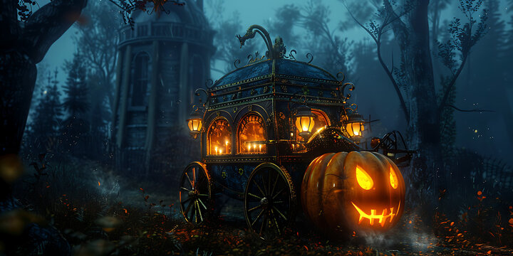 Mysterious carriage with glowing jack-o'-lantern in a dark, foggy forest.