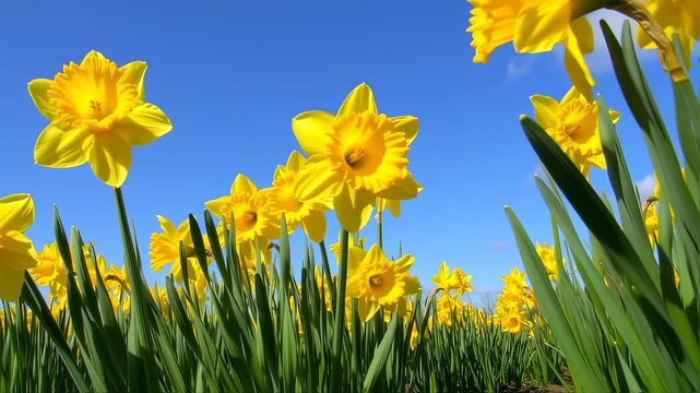 Bright yellow daffodils against a clear blue sky