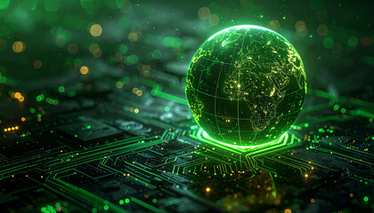 Digital Earth Globe: A luminous green globe, intricately etched with the continents, floats above a detailed circuit board.