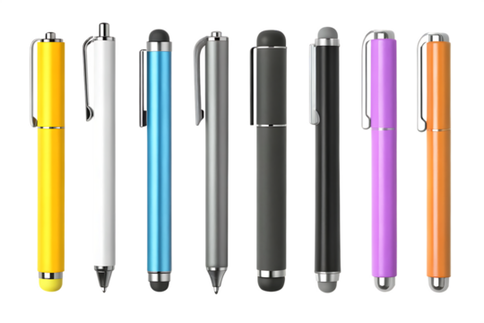 Colorful stylus pens isolated on a transparent background