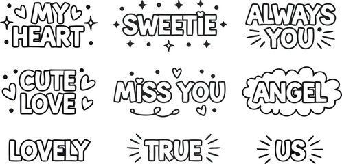 Fototapeta premium Typography of Affectionate Message: A charming set of hand-drawn typography with different words that expressed feelings of endearment, evoking warmth and love.