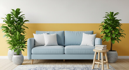 Stylish living room interior with a comfortable light blue sofa, white pillows, and potted plants, creating a cozy and inviting atmosphere in a modern home interior design