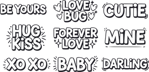 Obraz premium Love and Affection Text Embellishments: A collection of artistic, black and white text designs expressing sentiments of love, endearment, and affection, perfect for various creative projects.