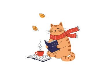 Cozy orange cat enjoying a book and warm drink on an autumn day with falling leaves