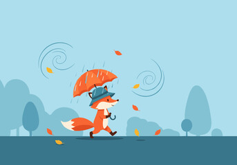 Naklejka premium A cute fox walking with an umbrella during autumn wind and falling leaves under a clear sky