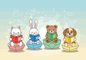 Cute cartoon animals reading books on colorful gems representing learning and knowledge