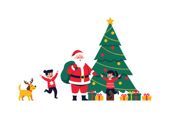 Fototapeta premium Santa claus with children and a dog near a decorated christmas tree with presents for a joyful holiday celebration