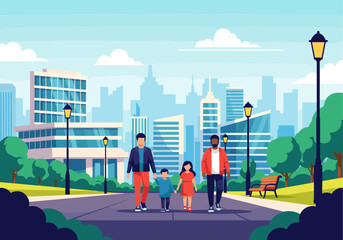 Diverse family walking together enjoying a sunny day in a lush city park with modern buildings in the background