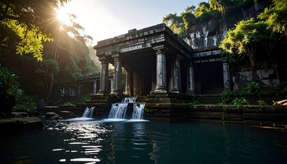 Ancient Stone Temple Ruins with Waterfall in Lush Jungle Setting