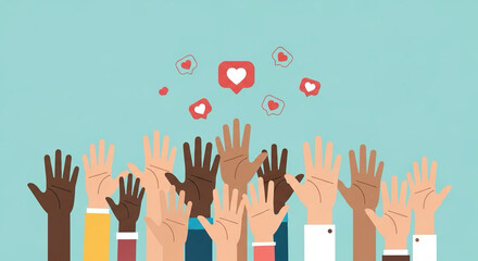 Flat design of multiple hands raised together with hearts above them, symbol of volunteering