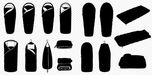 Black silhouettes illustrating a diverse range of sleeping bags, sleeping mats, and compact outdoor camping equipment, shown open, closed, and packed.