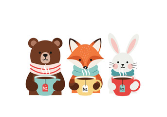 Obraz premium Adorable forest friends enjoying warm beverages together in cozy winter scene