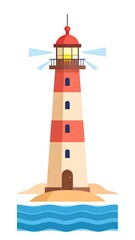 Cartoon lighthouse on sandy shore