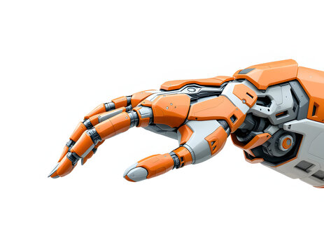 Close up of an Advanced Orange and White Robotic Hand with Articulated Fingers Extended Against a White Background