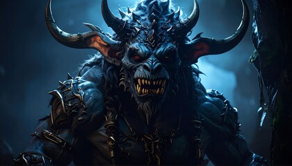 A fearsome, horned creature with glowing red eyes and sharp teeth, emerging from the shadows. Spiked armor accents