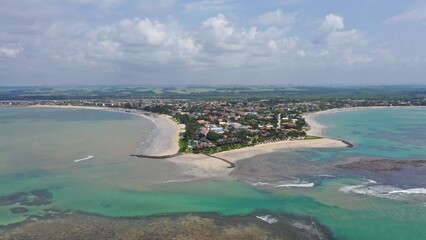 Fantastic panoramic view of Serrambi beach with coral reefs, natural swimming pools in the sea,...