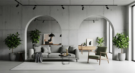 Modern living room interior with concrete walls, gray sofa, armchair, plants, and arched doorways, creating a minimalist and stylish space for relaxation and comfort in a contemporary home design
