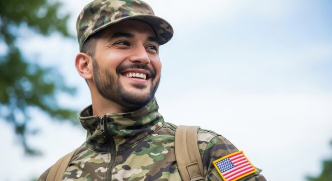 Smiling soldier in camouflage uniform with us flag patch on sleeve outdoors - Powered by Adobe
