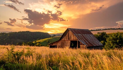 Fototapeta premium Rustic Barn with Weathered Roof in Golden Hour Light